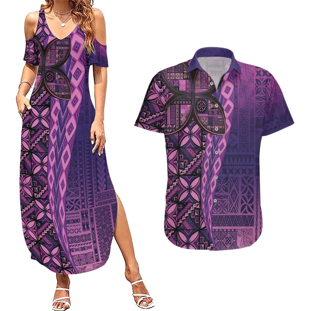 Samoan Pacific Tribal Flower Geometric Art Tattoos Couples Matching Summer Maxi Dress and Hawaiian Shirt Siapo Pattern Purple Haze - Polynesian Pride