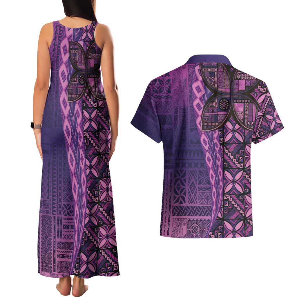 Samoan Pacific Tribal Flower Geometric Art Tattoos Couples Matching Tank Maxi Dress and Hawaiian Shirt Siapo Pattern Purple Haze - Polynesian Pride