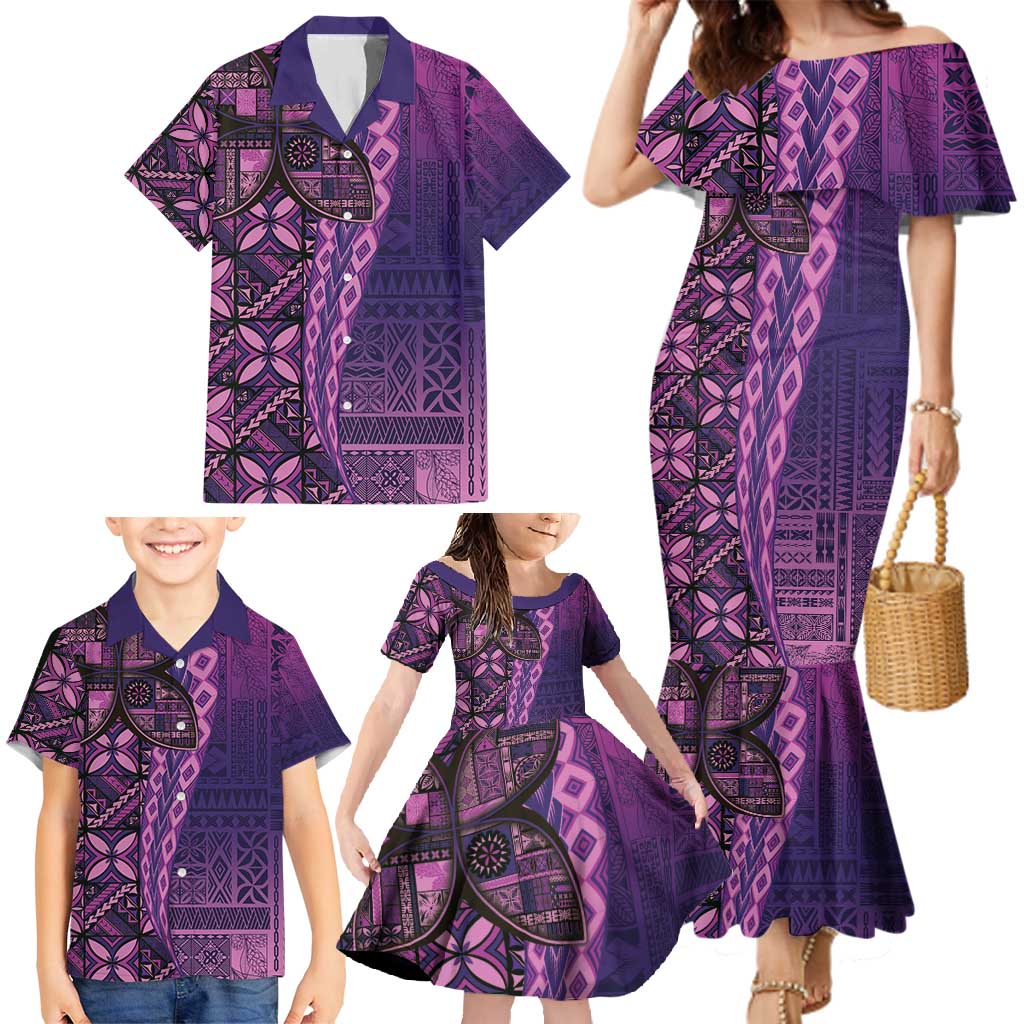 Samoan Pacific Tribal Flower Geometric Art Tattoos Family Matching Mermaid Dress and Hawaiian Shirt Siapo Pattern Purple Haze - Polynesian Pride