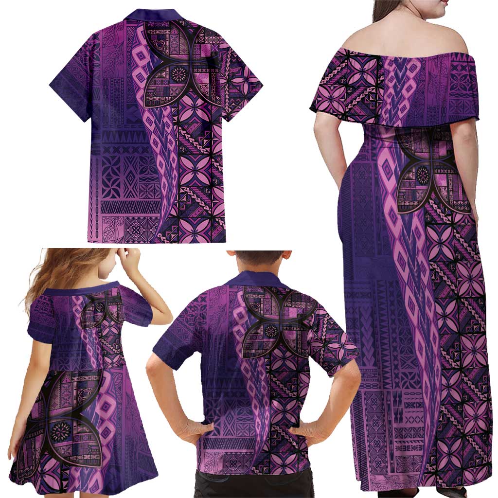 Samoan Pacific Tribal Flower Geometric Art Tattoos Family Matching Off Shoulder Maxi Dress and Hawaiian Shirt Siapo Pattern Purple Haze - Polynesian Pride