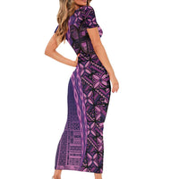 Samoan Pacific Tribal Flower Geometric Art Tattoos Family Matching Short Sleeve Bodycon Dress and Hawaiian Shirt Siapo Pattern Purple Haze - Polynesian Pride