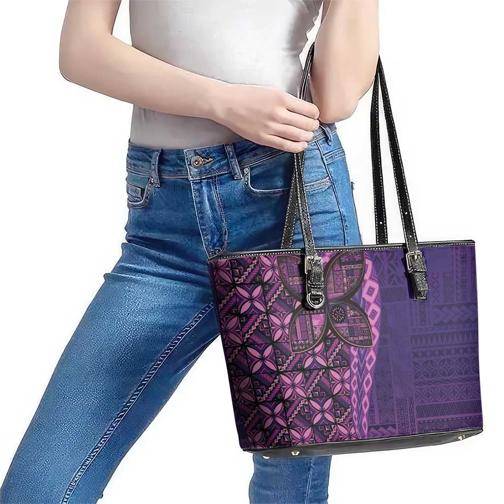 Samoan Pacific Tribal Flower Geometric Art Tattoos Leather Tote Bag Siapo Pattern Purple Haze - Polynesian Pride
