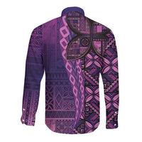 Samoan Pacific Tribal Flower Geometric Art Tattoos Long Sleeve Button Shirt Siapo Pattern Purple Haze - Polynesian Pride