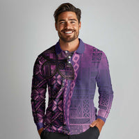 Samoan Pacific Tribal Flower Geometric Art Tattoos Long Sleeve Polo Shirt Siapo Pattern Purple Haze - Polynesian Pride
