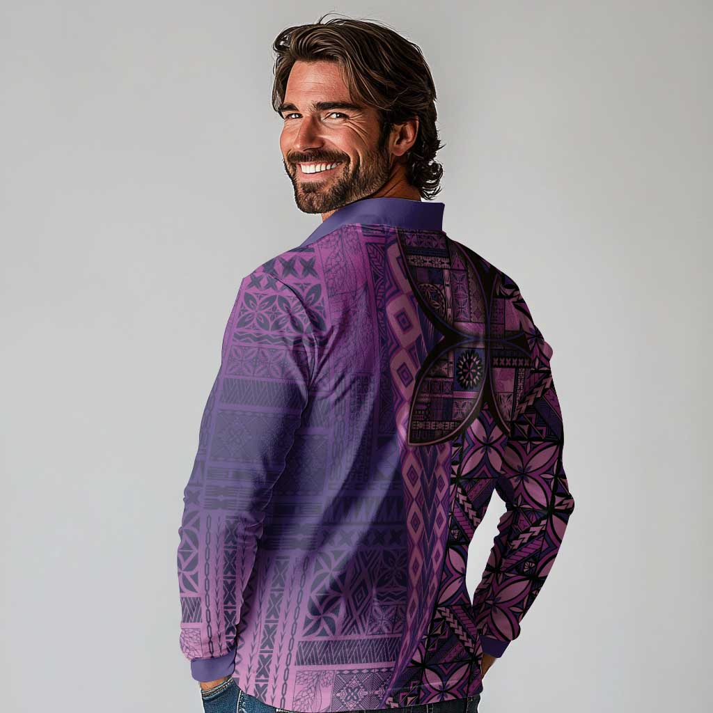 Samoan Pacific Tribal Flower Geometric Art Tattoos Long Sleeve Polo Shirt Siapo Pattern Purple Haze - Polynesian Pride