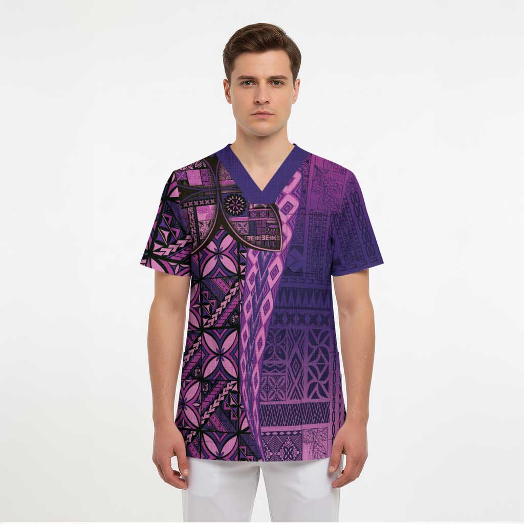 Samoan Pacific Tribal Flower Geometric Art Tattoos Scrub Top Siapo Pattern Purple Haze - Polynesian Pride