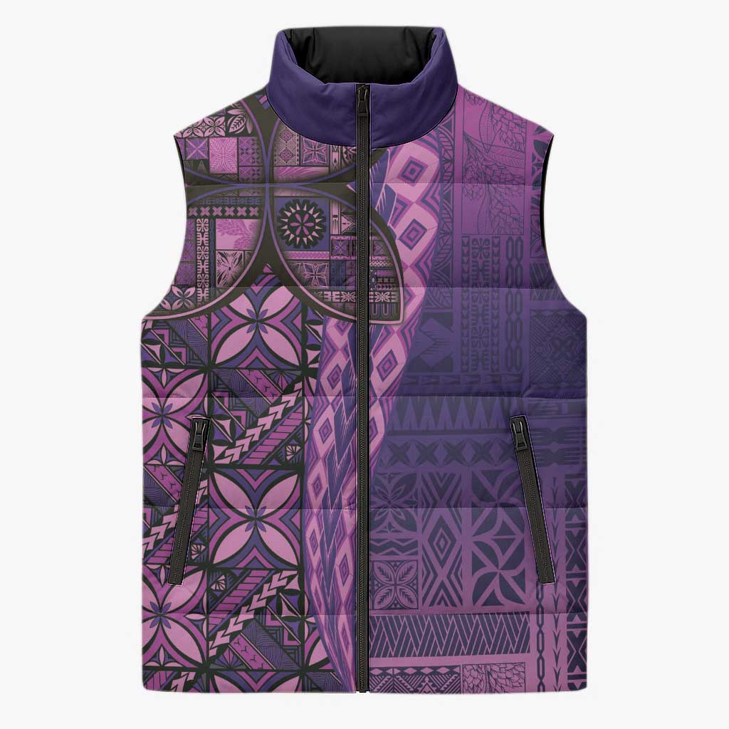 Samoan Pacific Tribal Flower Geometric Art Tattoos Sleeveless Puffer Jacket Siapo Pattern Purple Haze - Polynesian Pride
