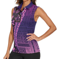 Samoan Pacific Tribal Flower Geometric Art Tattoos Women Sleeveless Polo Shirt Siapo Pattern Purple Haze - Polynesian Pride