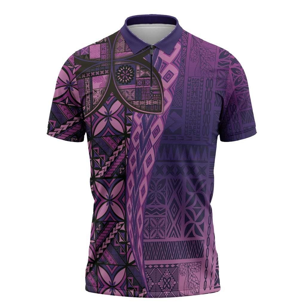 Samoan Pacific Tribal Flower Geometric Art Tattoos Zipper Polo Shirt Siapo Pattern Purple Haze - Polynesian Pride