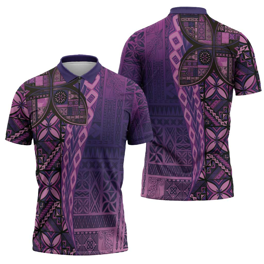 Samoan Pacific Tribal Flower Geometric Art Tattoos Zipper Polo Shirt Siapo Pattern Purple Haze - Polynesian Pride