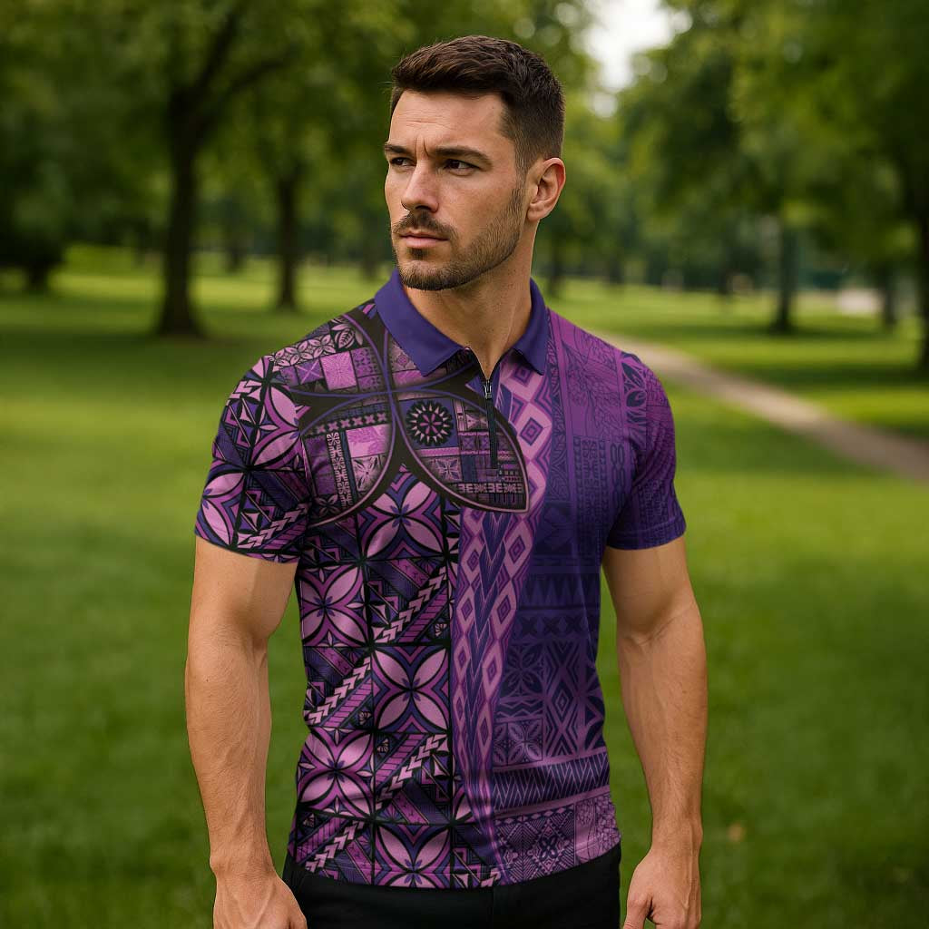 Samoan Pacific Tribal Flower Geometric Art Tattoos Zipper Polo Shirt Siapo Pattern Purple Haze - Polynesian Pride