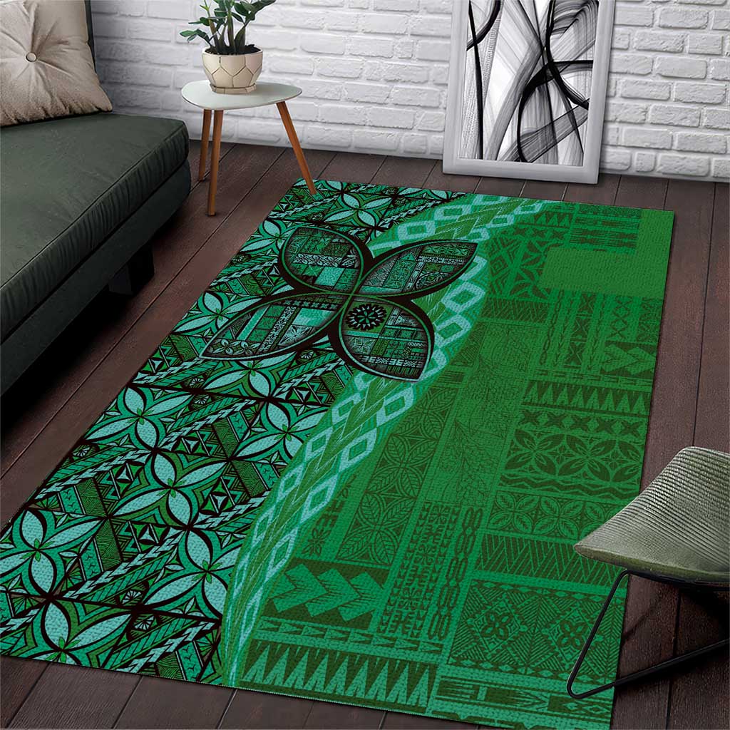 Samoan Pacific Tribal Flower Geometric Art Tattoos Area Rug Siapo Pattern Emerald Glow LT03 Green - Polynesian Pride