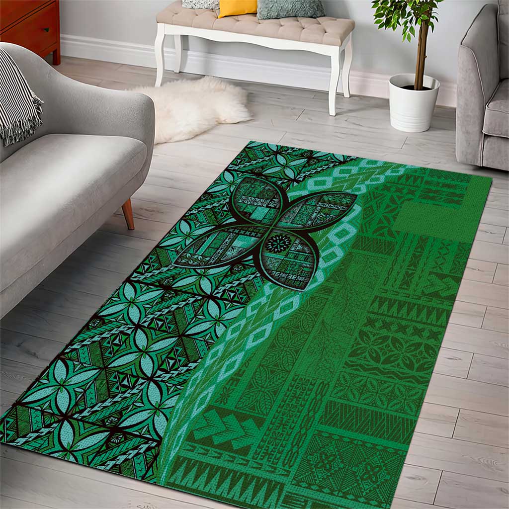 Samoan Pacific Tribal Flower Geometric Art Tattoos Area Rug Siapo Pattern Emerald Glow LT03 - Polynesian Pride
