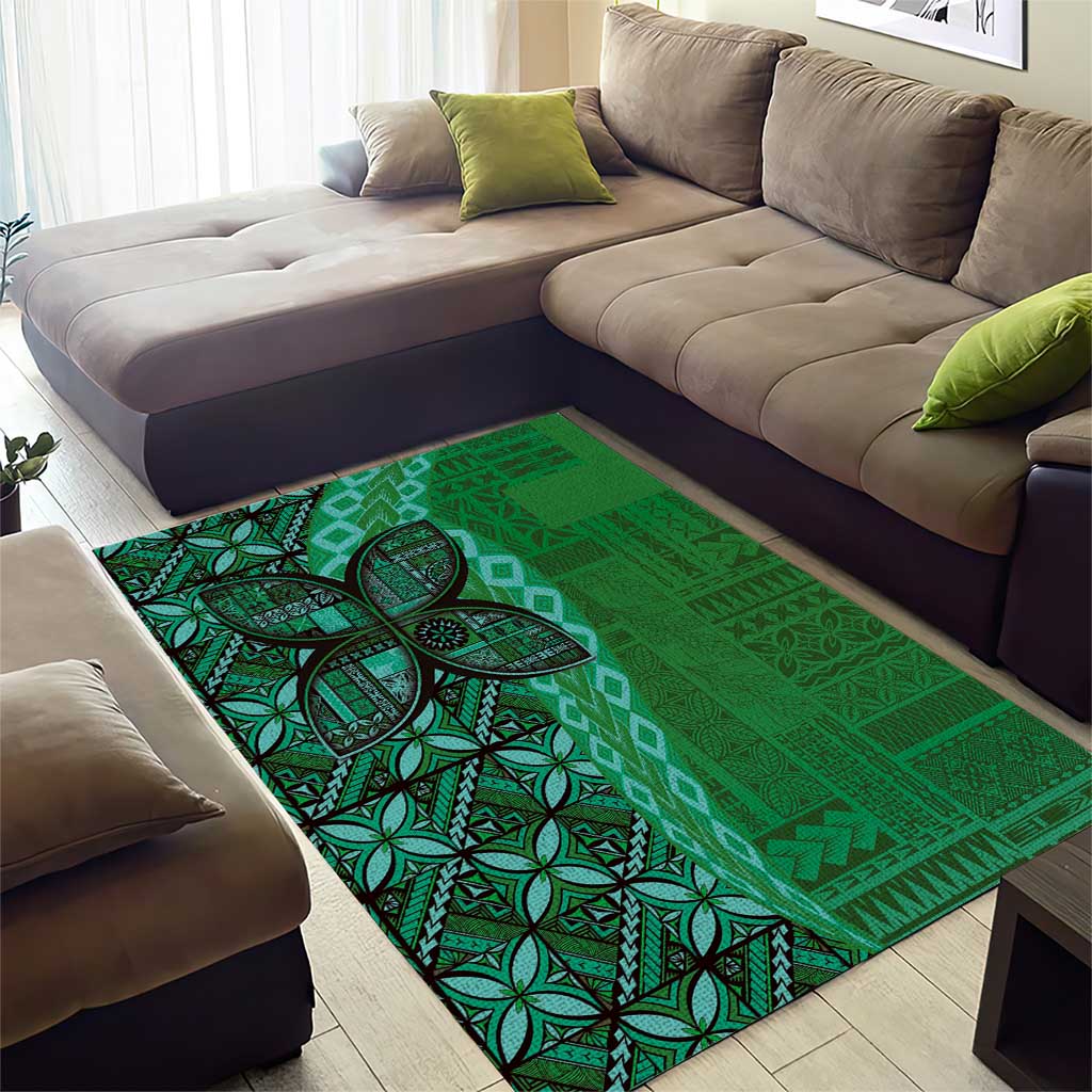 Samoan Pacific Tribal Flower Geometric Art Tattoos Area Rug Siapo Pattern Emerald Glow LT03 - Polynesian Pride
