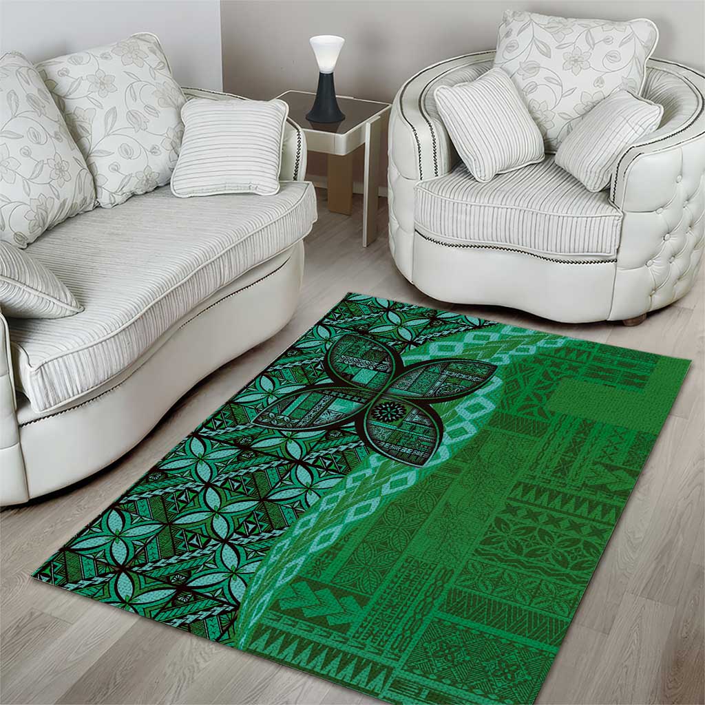 Samoan Pacific Tribal Flower Geometric Art Tattoos Area Rug Siapo Pattern Emerald Glow LT03 - Polynesian Pride