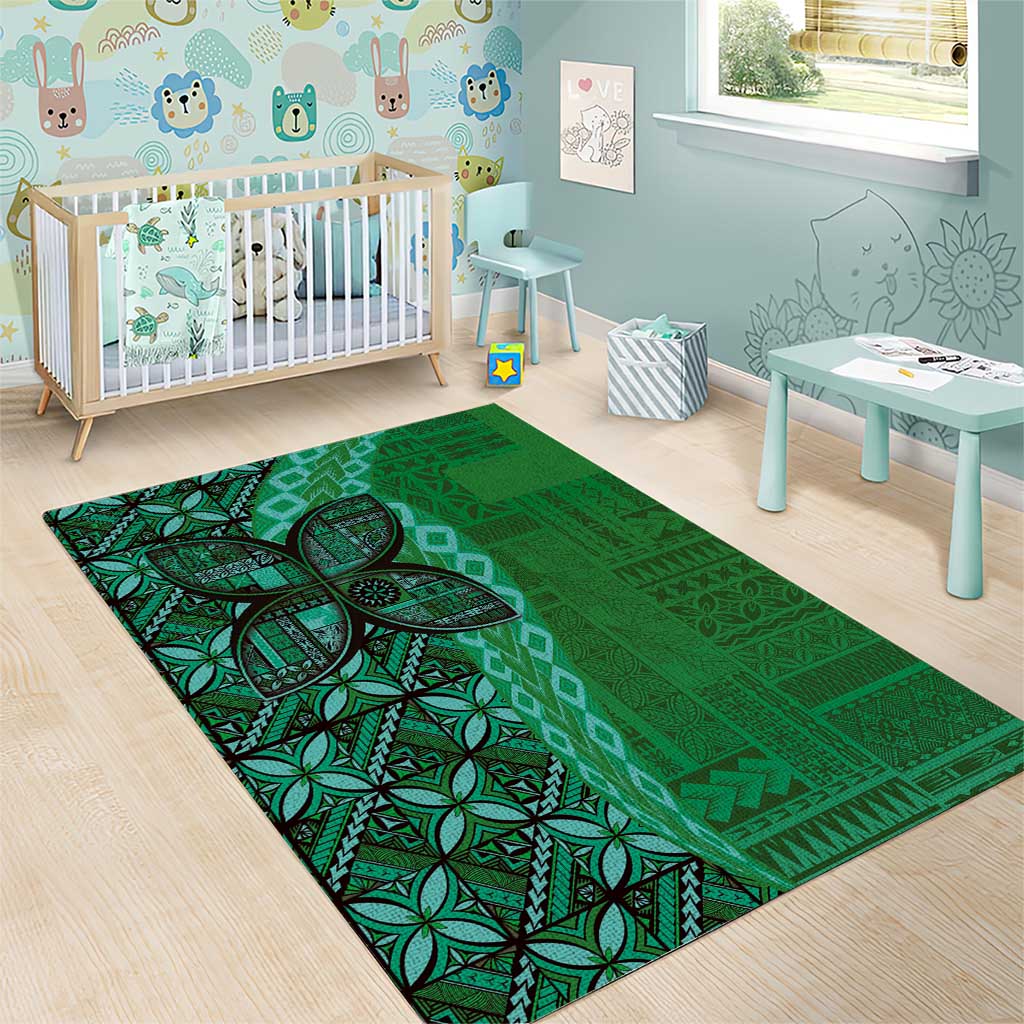 Samoan Pacific Tribal Flower Geometric Art Tattoos Area Rug Siapo Pattern Emerald Glow LT03 - Polynesian Pride