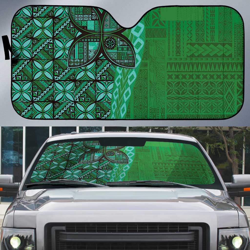 Samoan Pacific Tribal Flower Geometric Art Tattoos Auto Sun Shade Siapo Pattern Emerald Glow - Polynesian Pride