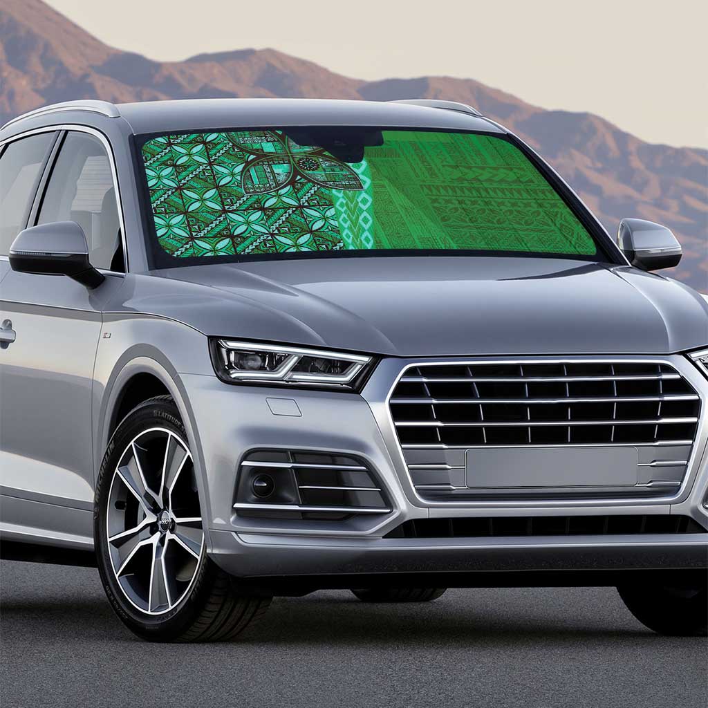 Samoan Pacific Tribal Flower Geometric Art Tattoos Auto Sun Shade Siapo Pattern Emerald Glow - Polynesian Pride