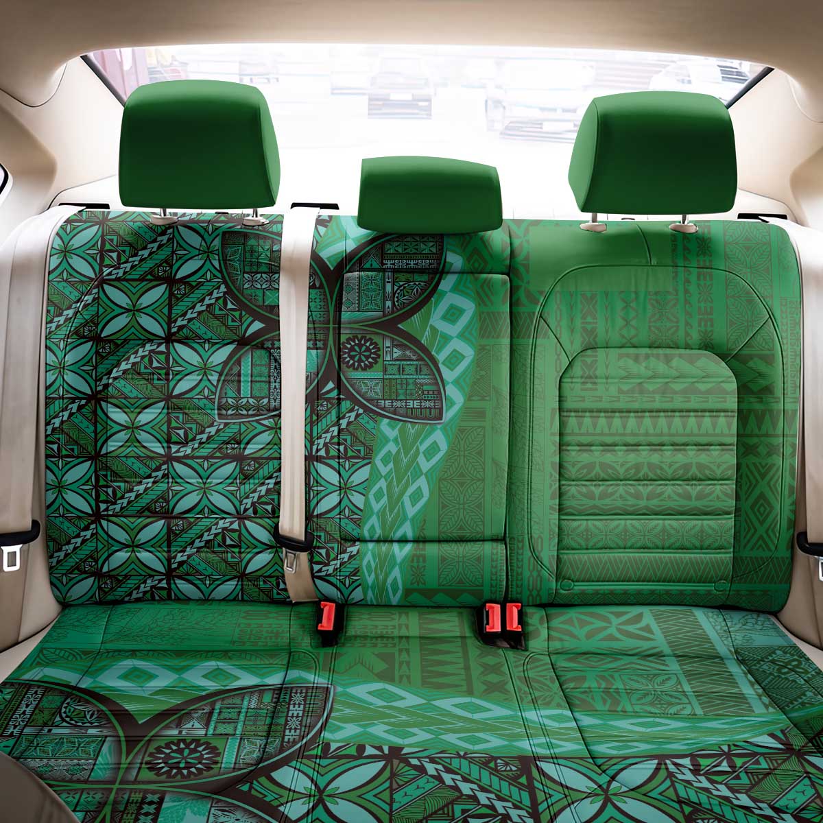 Samoan Pacific Tribal Flower Geometric Art Tattoos Back Car Seat Cover Siapo Pattern Emerald Glow - Polynesian Pride