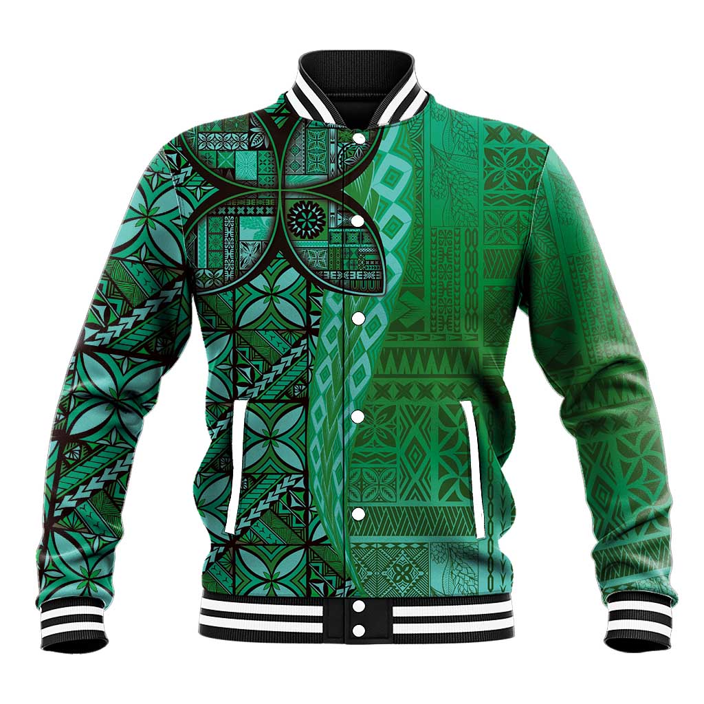 Samoan Pacific Tribal Flower Geometric Art Tattoos Baseball Jacket Siapo Pattern Emerald Glow - Polynesian Pride