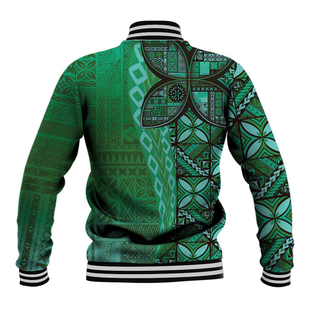 Samoan Pacific Tribal Flower Geometric Art Tattoos Baseball Jacket Siapo Pattern Emerald Glow - Polynesian Pride