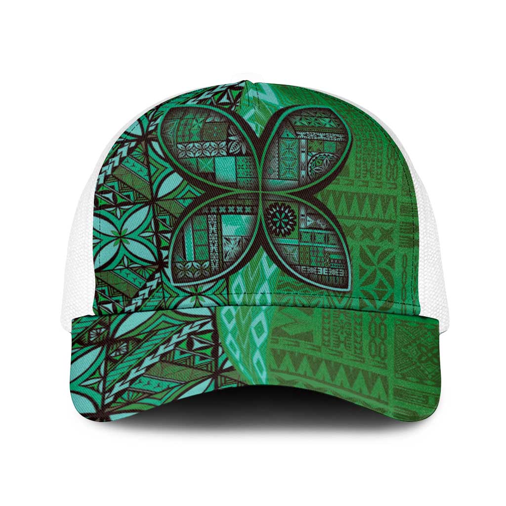 Samoan Pacific Tribal Flower Geometric Art Tattoos Baseball Net Cap Siapo Pattern Emerald Glow - Polynesian Pride