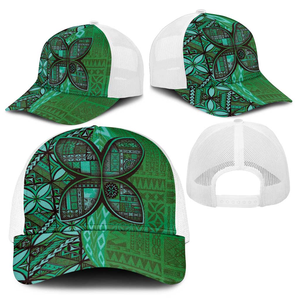 Samoan Pacific Tribal Flower Geometric Art Tattoos Baseball Net Cap Siapo Pattern Emerald Glow - Polynesian Pride