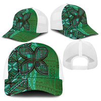 Samoan Pacific Tribal Flower Geometric Art Tattoos Baseball Net Cap Siapo Pattern Emerald Glow - Polynesian Pride