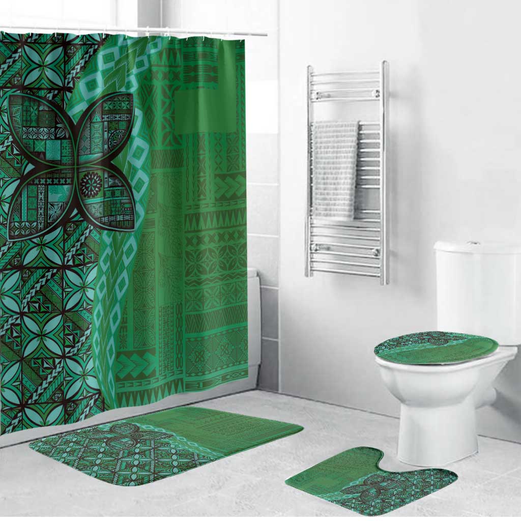 Samoan Pacific Tribal Flower Geometric Art Tattoos Bathroom Set Siapo Pattern Emerald Glow - Polynesian Pride