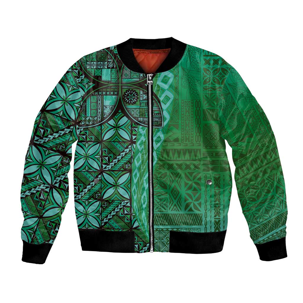 Samoan Pacific Tribal Flower Geometric Art Tattoos Bomber Jacket Siapo Pattern Emerald Glow - Polynesian Pride
