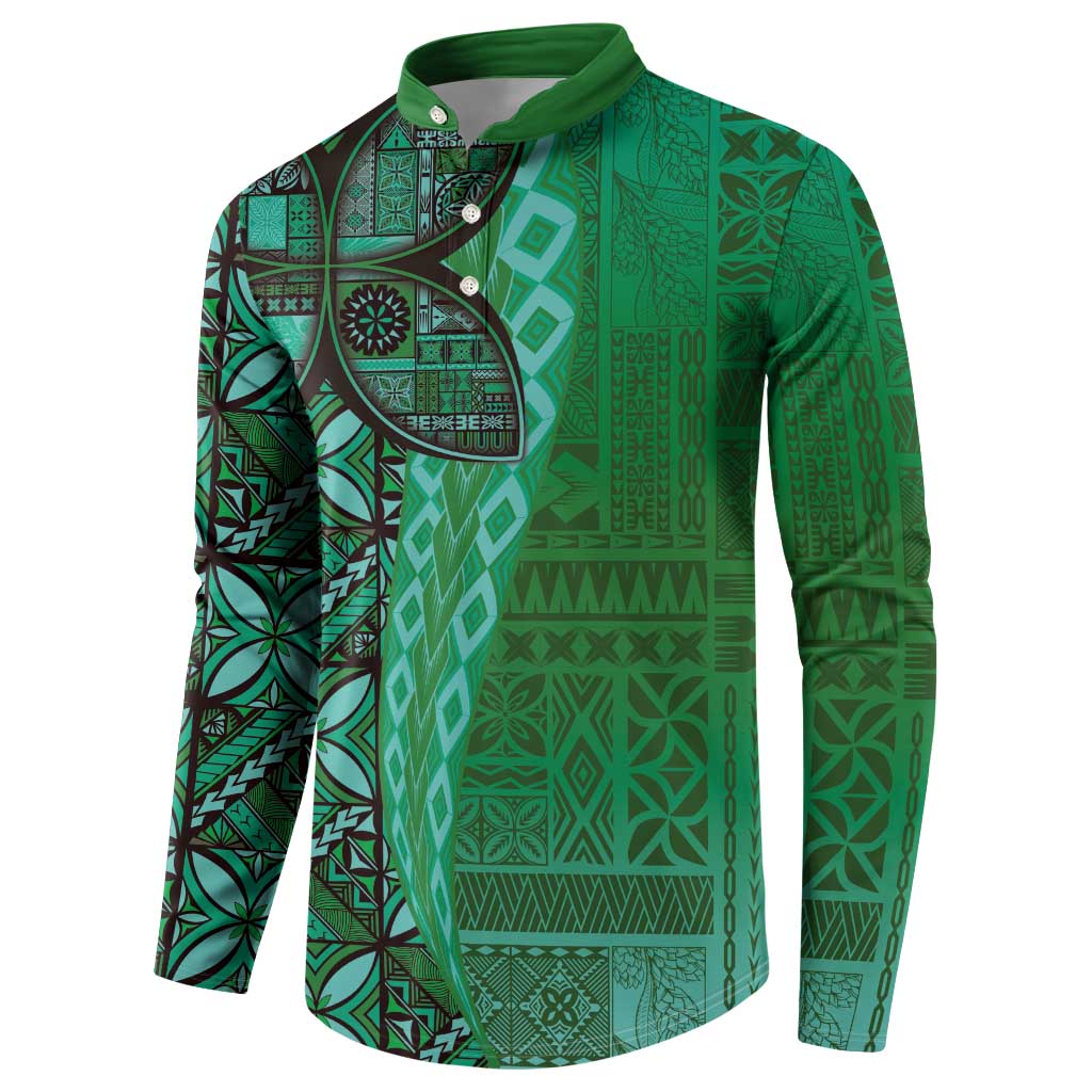 Samoan Pacific Tribal Flower Geometric Art Tattoos Button Sweatshirt Siapo Pattern Emerald Glow - Polynesian Pride