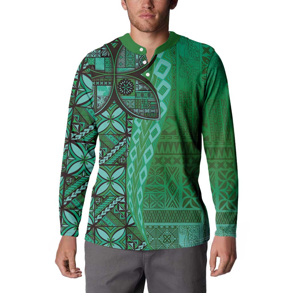 Samoan Pacific Tribal Flower Geometric Art Tattoos Button Sweatshirt Siapo Pattern Emerald Glow - Polynesian Pride