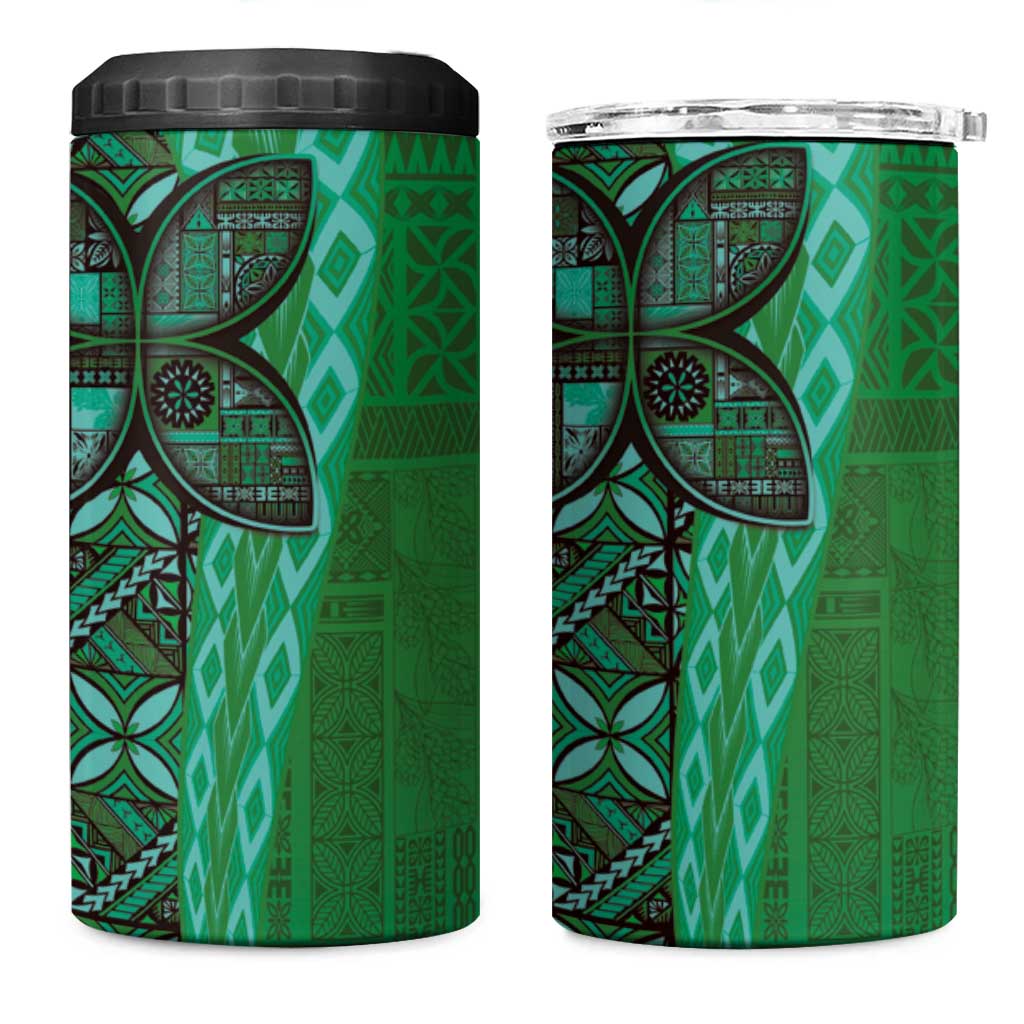 Samoan Pacific Tribal Flower Geometric Art Tattoos 4 in 1 Can Cooler Tumbler Siapo Pattern Emerald Glow - Polynesian Pride