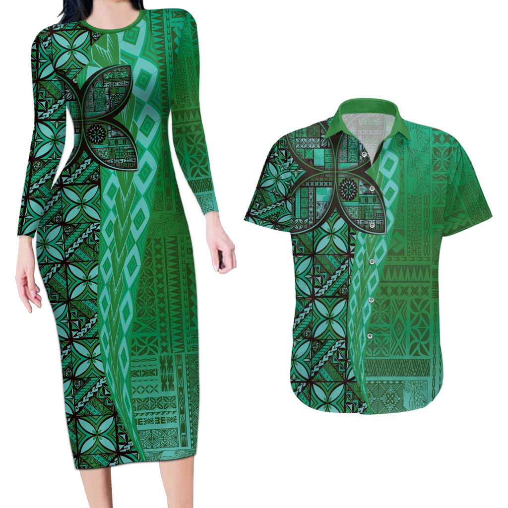 Samoan Pacific Tribal Flower Geometric Art Tattoos Couples Matching Long Sleeve Bodycon Dress and Hawaiian Shirt Siapo Pattern Emerald Glow - Polynesian Pride