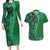Samoan Pacific Tribal Flower Geometric Art Tattoos Couples Matching Long Sleeve Bodycon Dress and Hawaiian Shirt Siapo Pattern Emerald Glow - Polynesian Pride