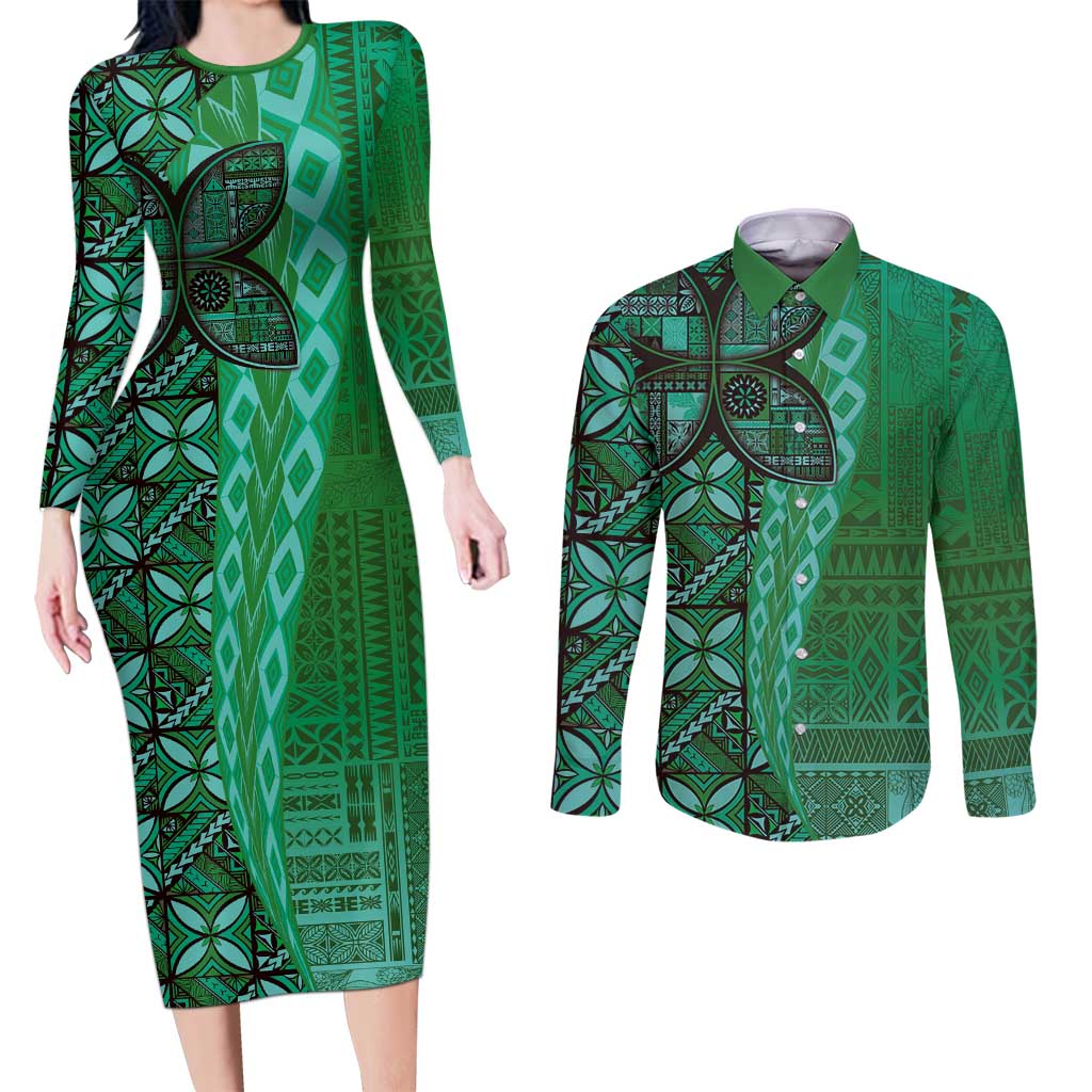Samoan Pacific Tribal Flower Geometric Art Tattoos Couples Matching Long Sleeve Bodycon Dress and Long Sleeve Button Shirt Siapo Pattern Emerald Glow - Polynesian Pride