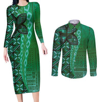 Samoan Pacific Tribal Flower Geometric Art Tattoos Couples Matching Long Sleeve Bodycon Dress and Long Sleeve Button Shirt Siapo Pattern Emerald Glow - Polynesian Pride