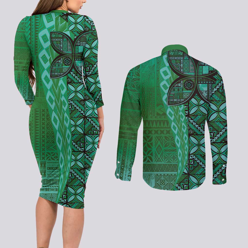 Samoan Pacific Tribal Flower Geometric Art Tattoos Couples Matching Long Sleeve Bodycon Dress and Long Sleeve Button Shirt Siapo Pattern Emerald Glow - Polynesian Pride