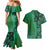 Samoan Pacific Tribal Flower Geometric Art Tattoos Couples Matching Mermaid Dress and Hawaiian Shirt Siapo Pattern Emerald Glow - Polynesian Pride