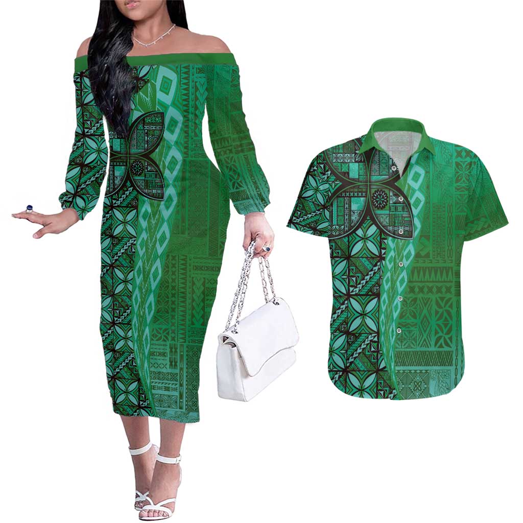 Samoan Pacific Tribal Flower Geometric Art Tattoos Couples Matching Off The Shoulder Long Sleeve Dress and Hawaiian Shirt Siapo Pattern Emerald Glow - Polynesian Pride