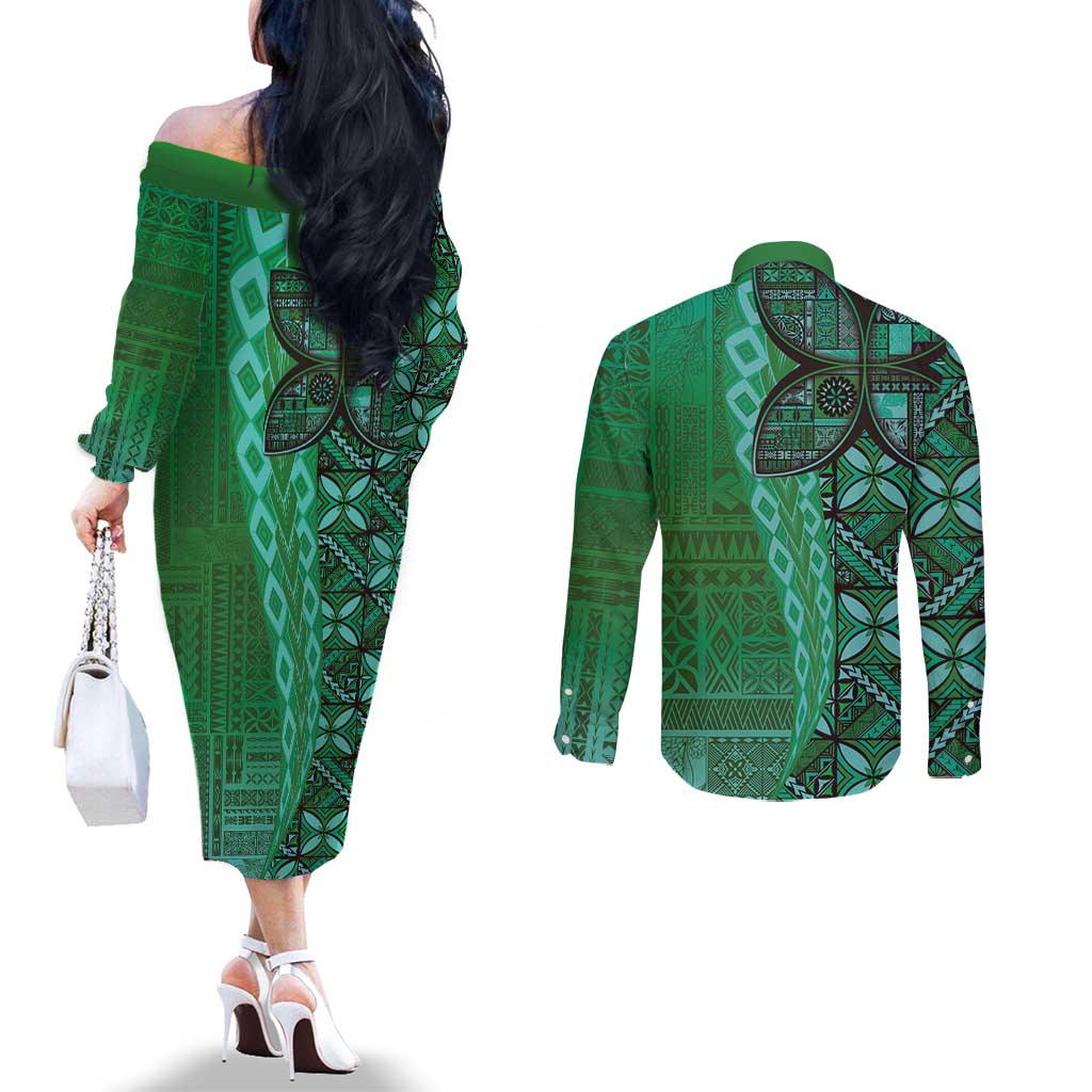 Samoan Pacific Tribal Flower Geometric Art Tattoos Couples Matching Off The Shoulder Long Sleeve Dress and Long Sleeve Button Shirt Siapo Pattern Emerald Glow - Polynesian Pride