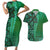 Samoan Pacific Tribal Flower Geometric Art Tattoos Couples Matching Short Sleeve Bodycon Dress and Hawaiian Shirt Siapo Pattern Emerald Glow - Polynesian Pride