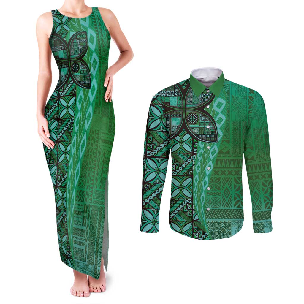 Samoan Pacific Tribal Flower Geometric Art Tattoos Couples Matching Tank Maxi Dress and Long Sleeve Button Shirt Siapo Pattern Emerald Glow - Polynesian Pride