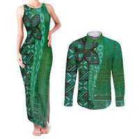 Samoan Pacific Tribal Flower Geometric Art Tattoos Couples Matching Tank Maxi Dress and Long Sleeve Button Shirt Siapo Pattern Emerald Glow - Polynesian Pride