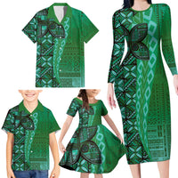 Samoan Pacific Tribal Flower Geometric Art Tattoos Family Matching Long Sleeve Bodycon Dress and Hawaiian Shirt Siapo Pattern Emerald Glow - Polynesian Pride
