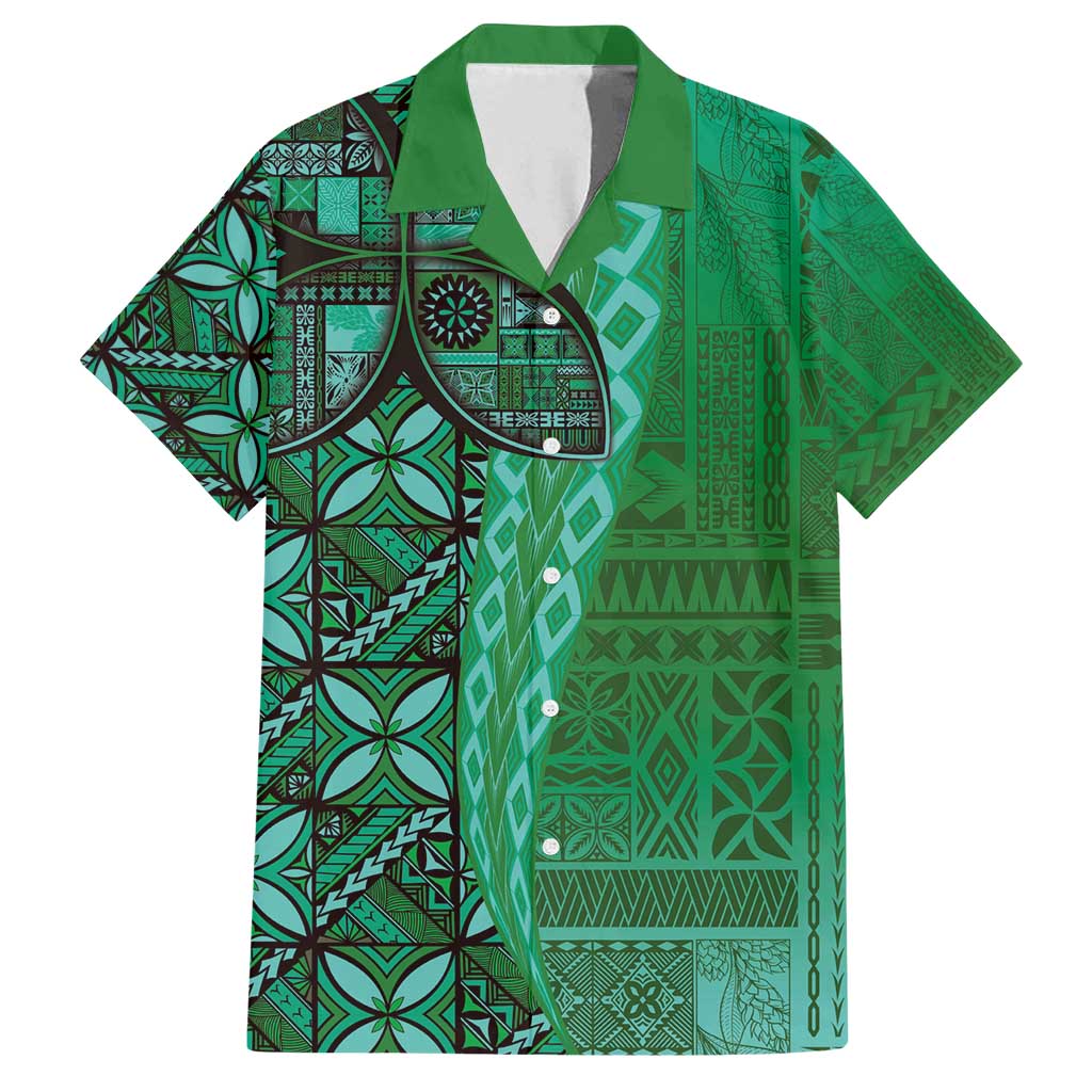 Samoan Pacific Tribal Flower Geometric Art Tattoos Family Matching Long Sleeve Bodycon Dress and Hawaiian Shirt Siapo Pattern Emerald Glow - Polynesian Pride