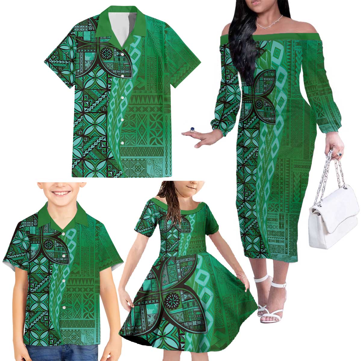 Samoan Pacific Tribal Flower Geometric Art Tattoos Family Matching Off The Shoulder Long Sleeve Dress and Hawaiian Shirt Siapo Pattern Emerald Glow - Polynesian Pride