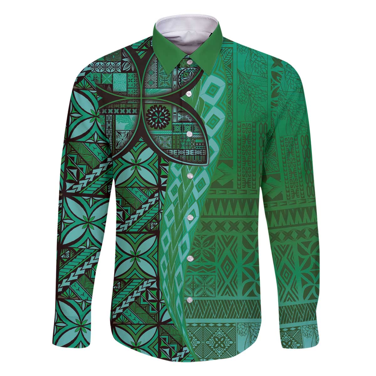 Samoan Pacific Tribal Flower Geometric Art Tattoos Family Matching Off The Shoulder Long Sleeve Dress and Hawaiian Shirt Siapo Pattern Emerald Glow - Polynesian Pride