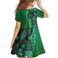 Samoan Pacific Tribal Flower Geometric Art Tattoos Family Matching Off Shoulder Maxi Dress and Hawaiian Shirt Siapo Pattern Emerald Glow - Polynesian Pride