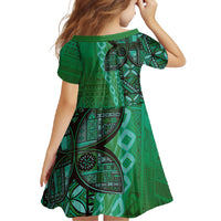 Samoan Pacific Tribal Flower Geometric Art Tattoos Family Matching Short Sleeve Bodycon Dress and Hawaiian Shirt Siapo Pattern Emerald Glow - Polynesian Pride